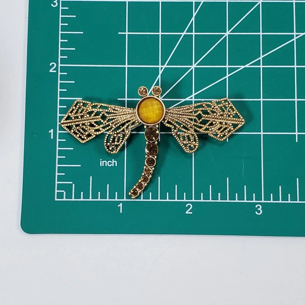 Gold Tone Filigree Metal Amber Color Faceted Rhinestones Dragonfly Brooch Pin